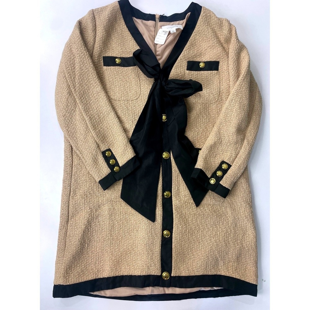 Pomander Place Tuckernuck Coco Tweed Bow Mini Shift Dress Large Beige Black Gold - Picture 3 of 9